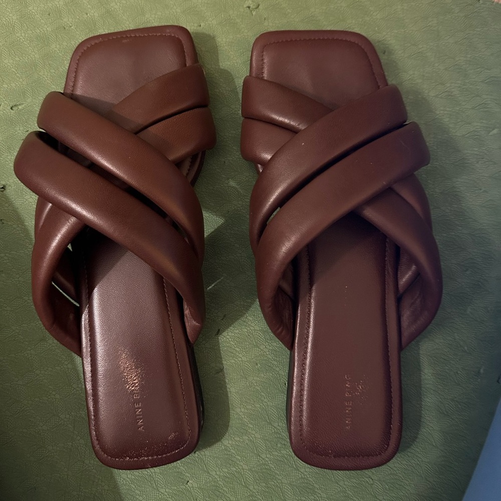 Anine Bing Eve Brown leather cross flat slides mules sandals 37